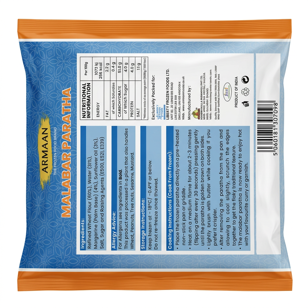 Armaan Frozen Malabari Paratha by Armaan Frozen — back view showing ingredients and product details, studio product photo on white background