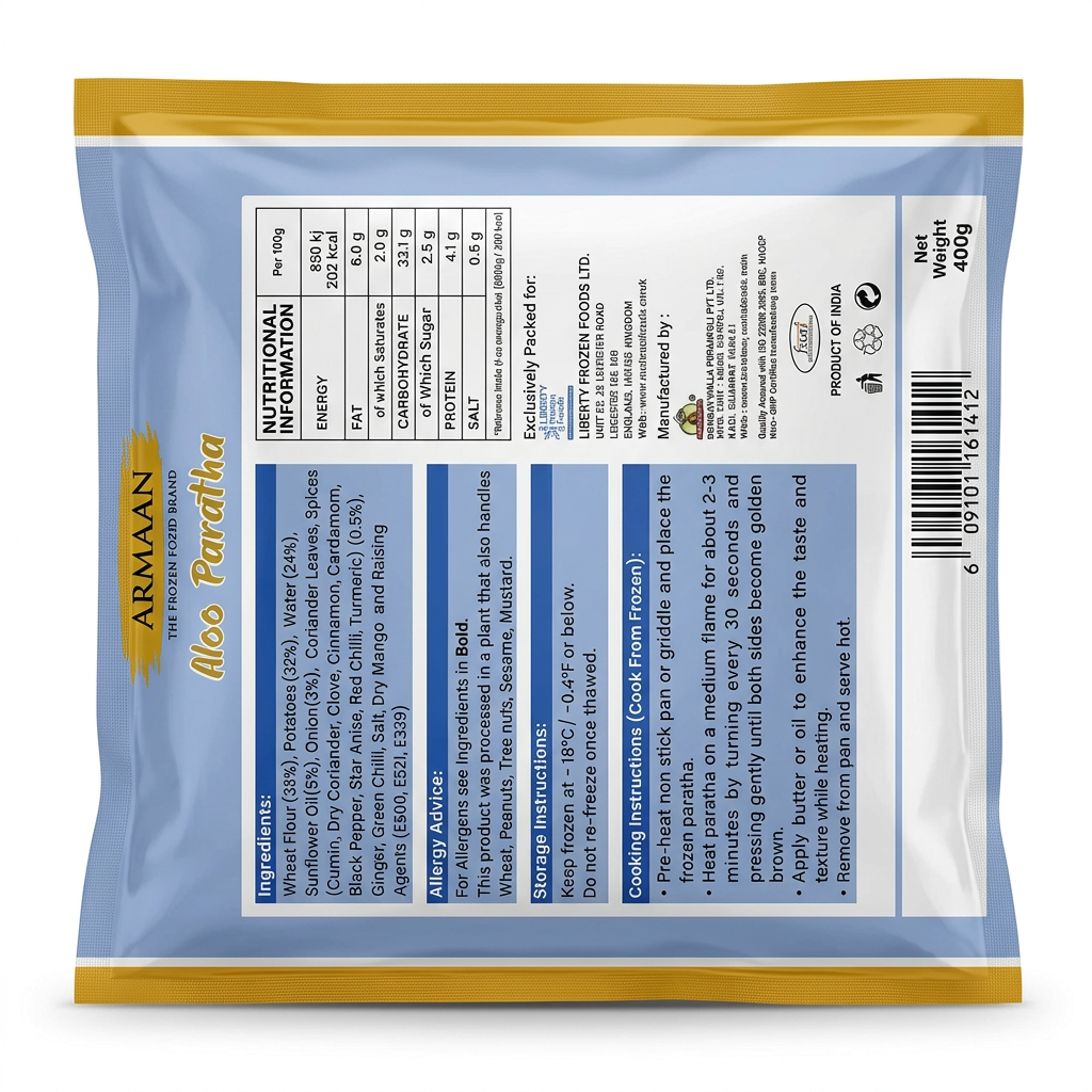 Armaan Frozen Aloo Paratha by Armaan Frozen — back view showing ingredients and product details, studio product photo on white background