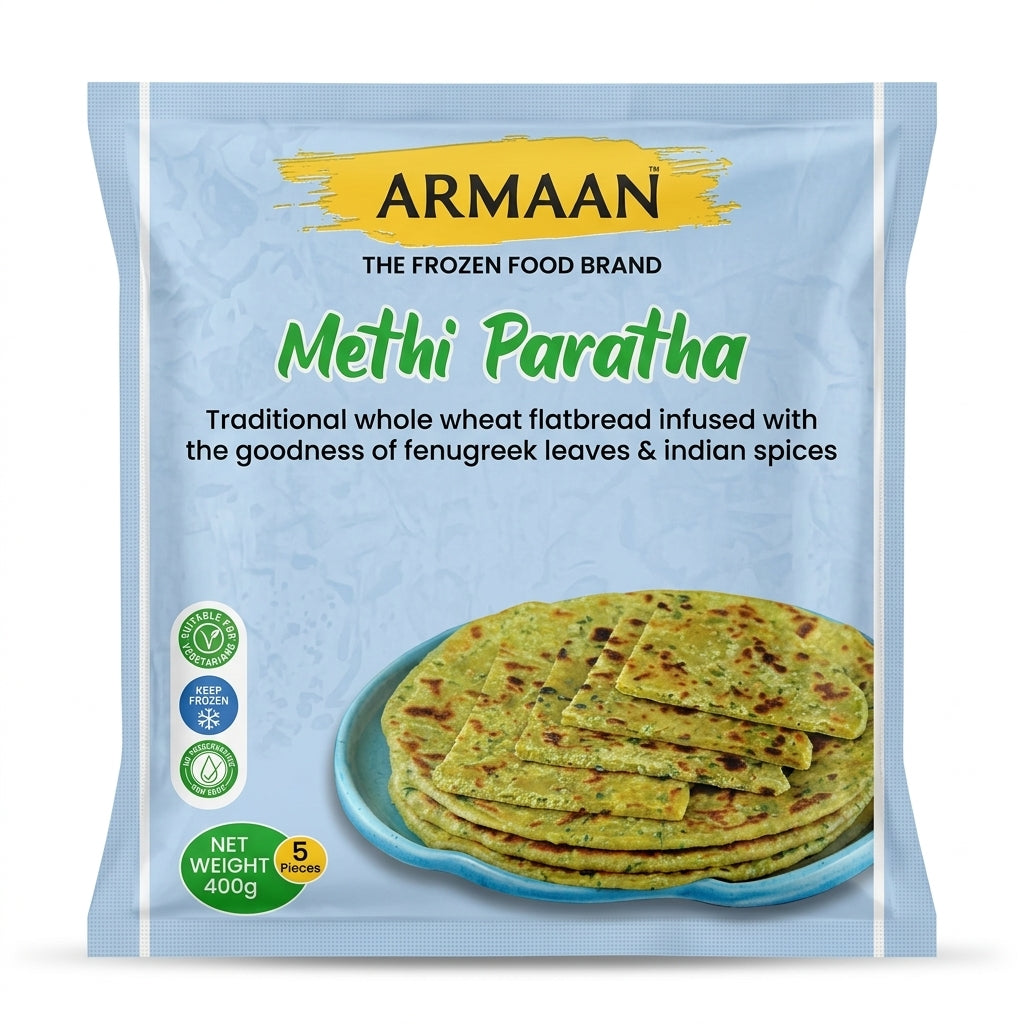 Armaan Frozen Methi Paratha by Armaan Frozen — front view showing product label and branding, studio product photo on white background