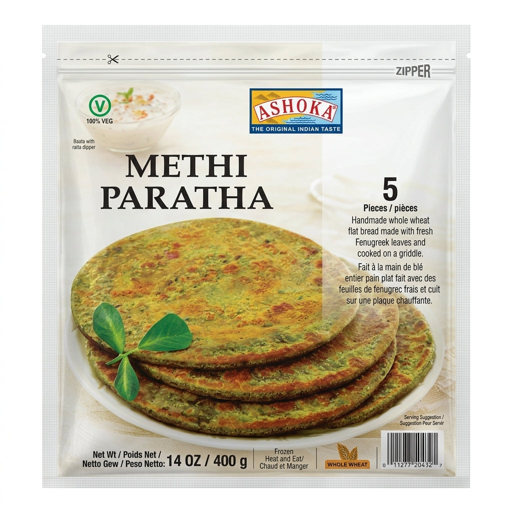 Ashoka Methi Paratha by Ashoka Frozen — front view showing product label and branding, studio product photo on white background
