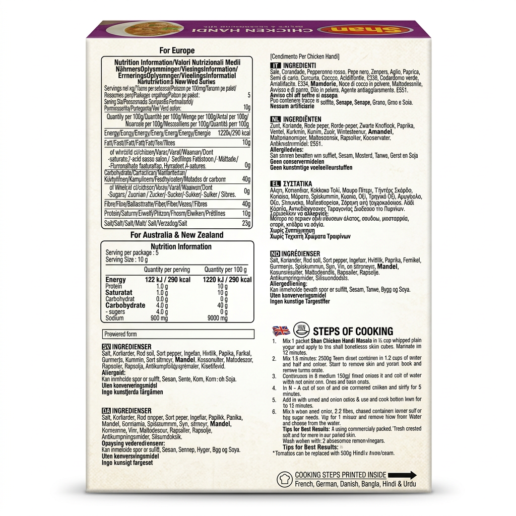 Shan Chicken Handi Masala Mix by Shan Ground Spices — back view showing ingredients and product details, studio product photo on white background