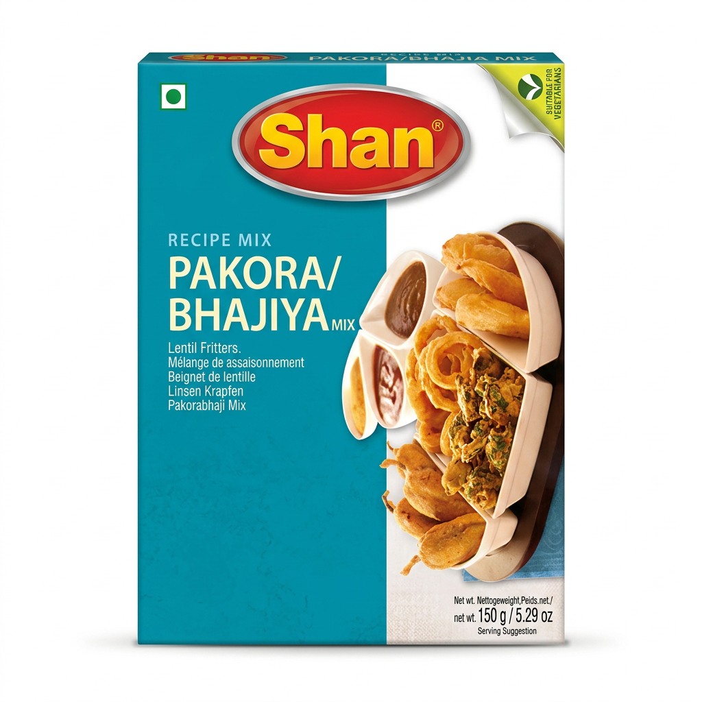 Shan Pakora Bhajiya Recipe Mix by Shan Ground Spices — front view showing product label and branding, studio product photo on white background