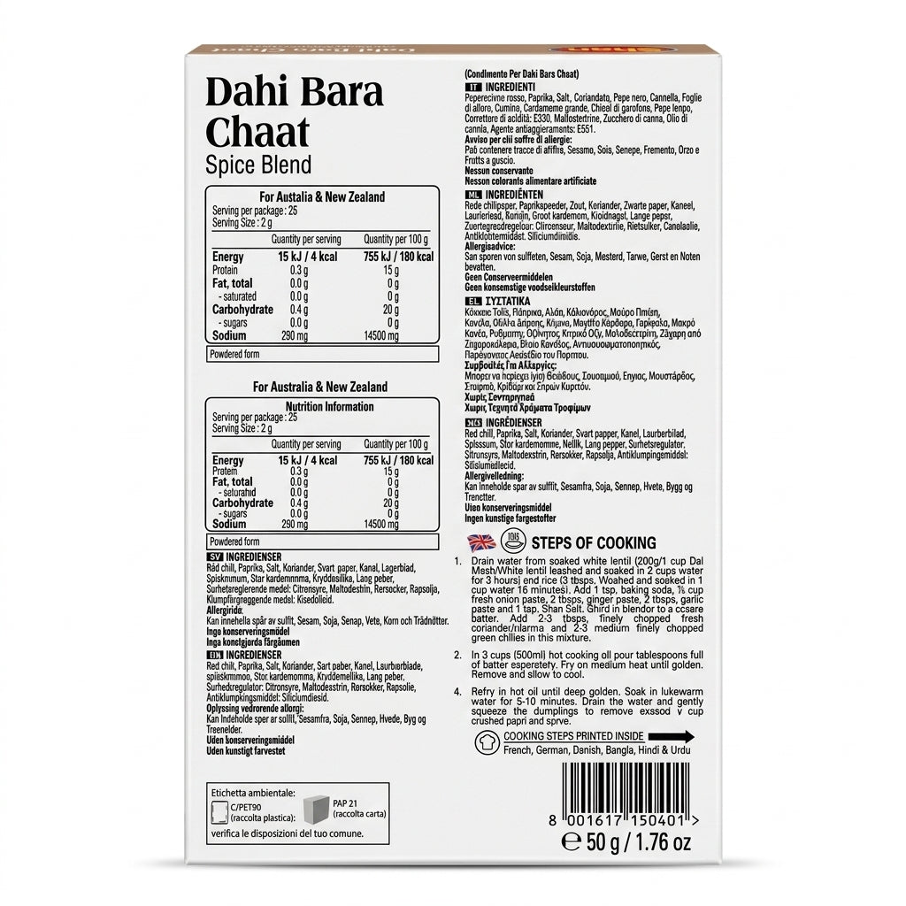 Shan Dahi Bara Chat Masala by Shan Ground Spices — back view showing ingredients and product details, studio product photo on white background