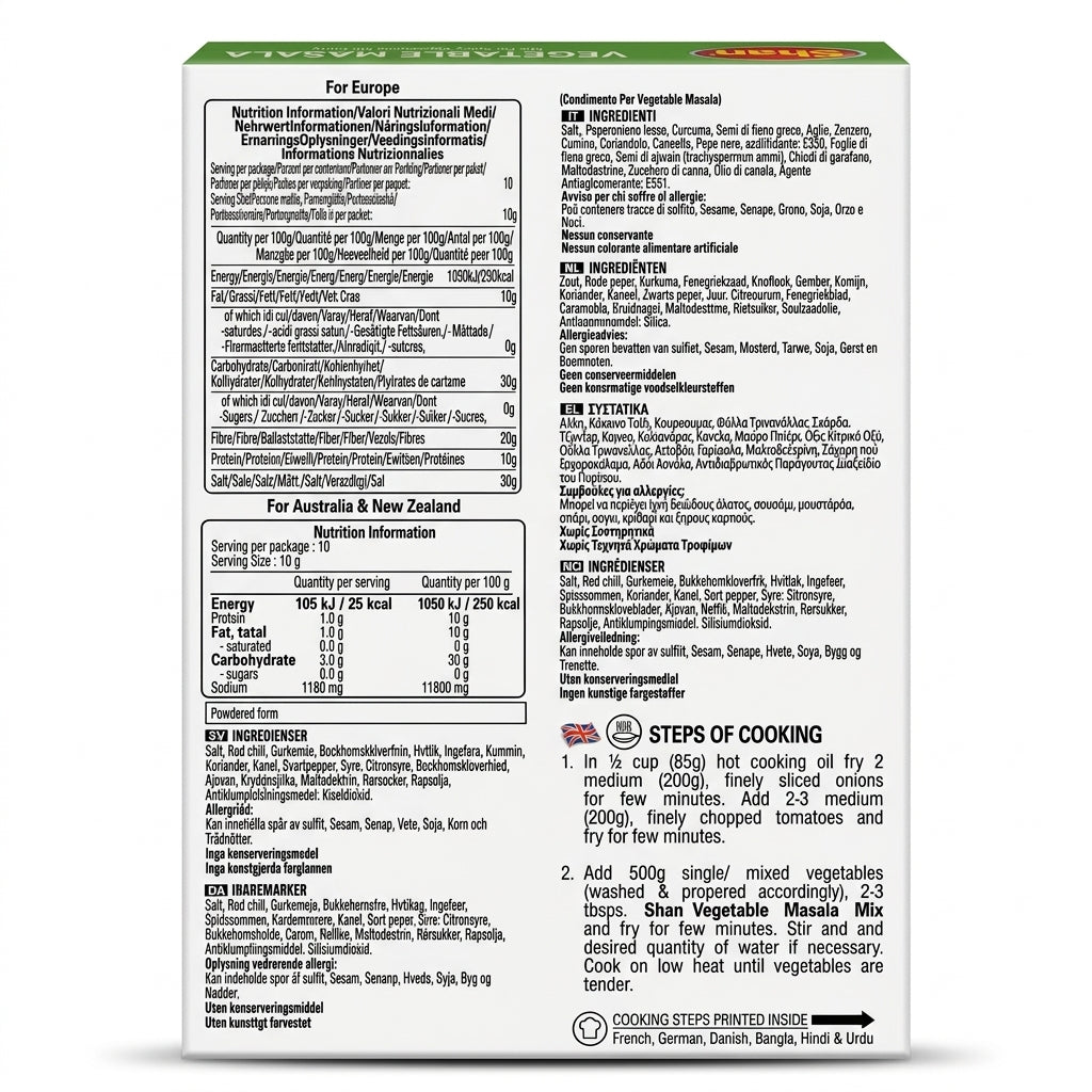 Shan Vegetable Curry Masala Mix by Shan Ground Spices — back view showing ingredients and product details, studio product photo on white background