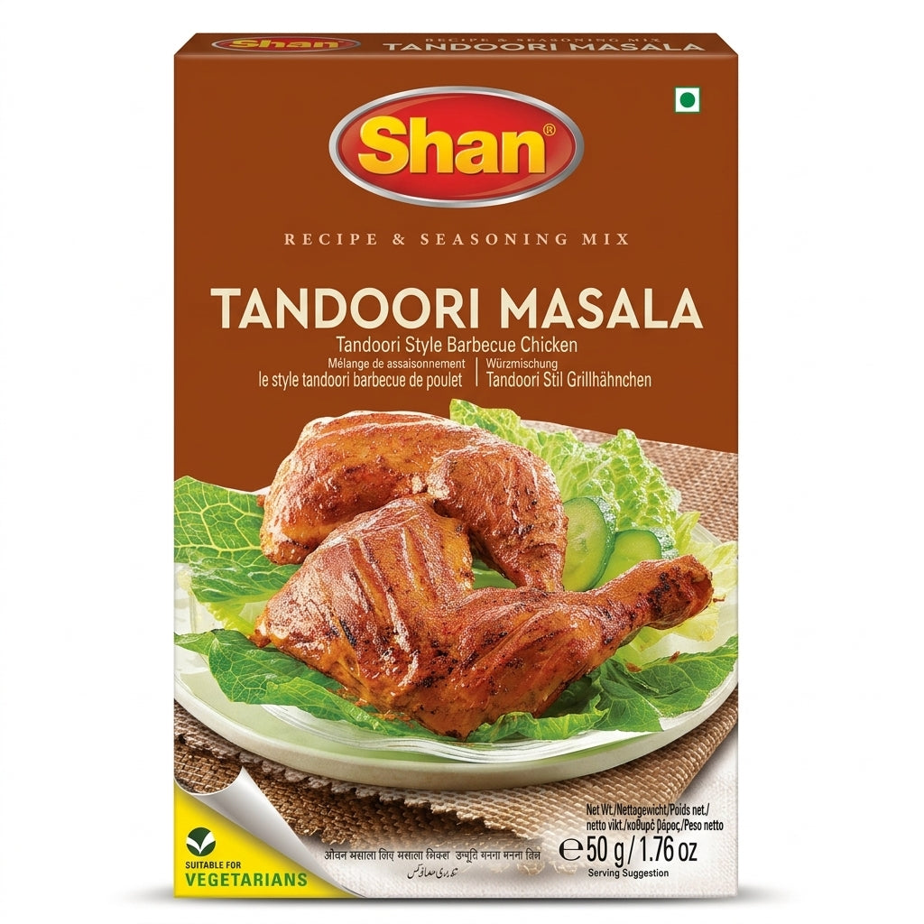 Shan Tandoori Chicken Masala Mix by Shan Ground Spices — front view showing product label and branding, studio product photo on white background