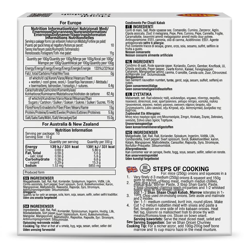 Shan Chappli Kebab Masala Mix by Shan Ground Spices — back view showing ingredients and product details, studio product photo on white background