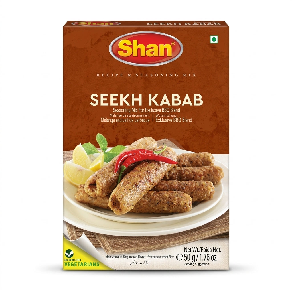 Shan Seekh Kebab Masala Mix by Shan Ground Spices — front view showing product label and branding, studio product photo on white background