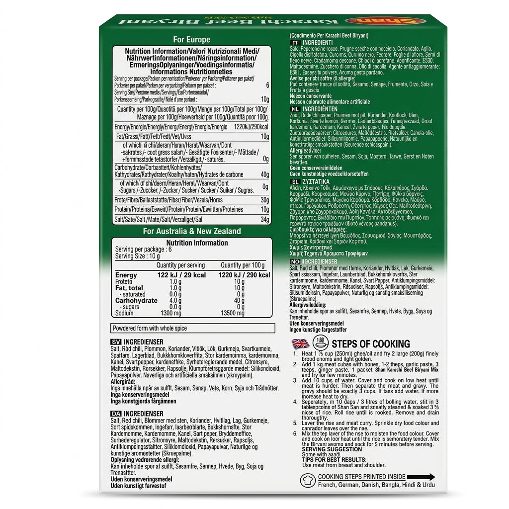 Shan Karachi Beef Biryani Masala Mix by Shan Ground Spices — back view showing ingredients and product details, studio product photo on white background
