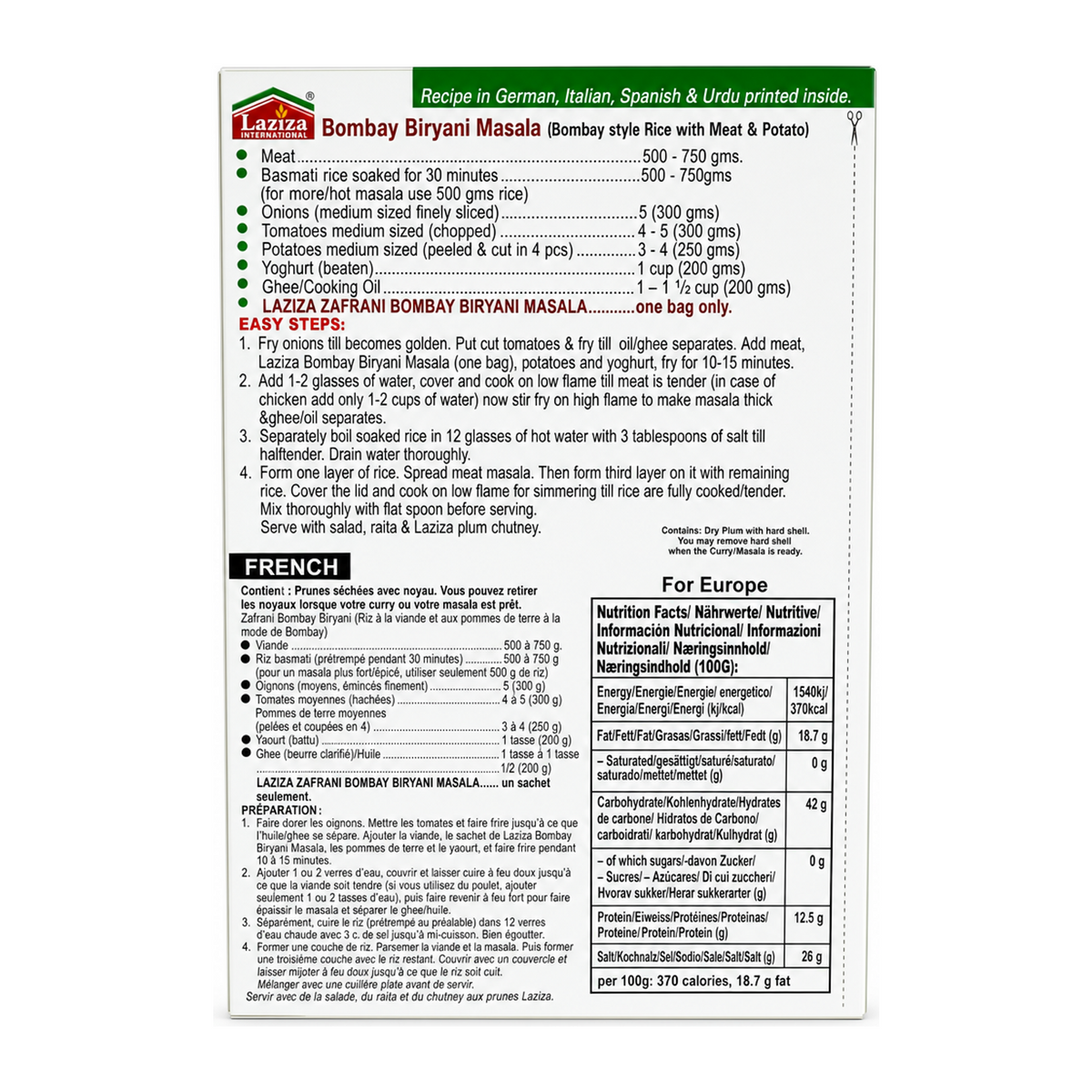 Laziza Bombay Biryani Masala Mix 130g by Laziza Ground Spices — back view showing ingredients and product details, studio product photo on white background