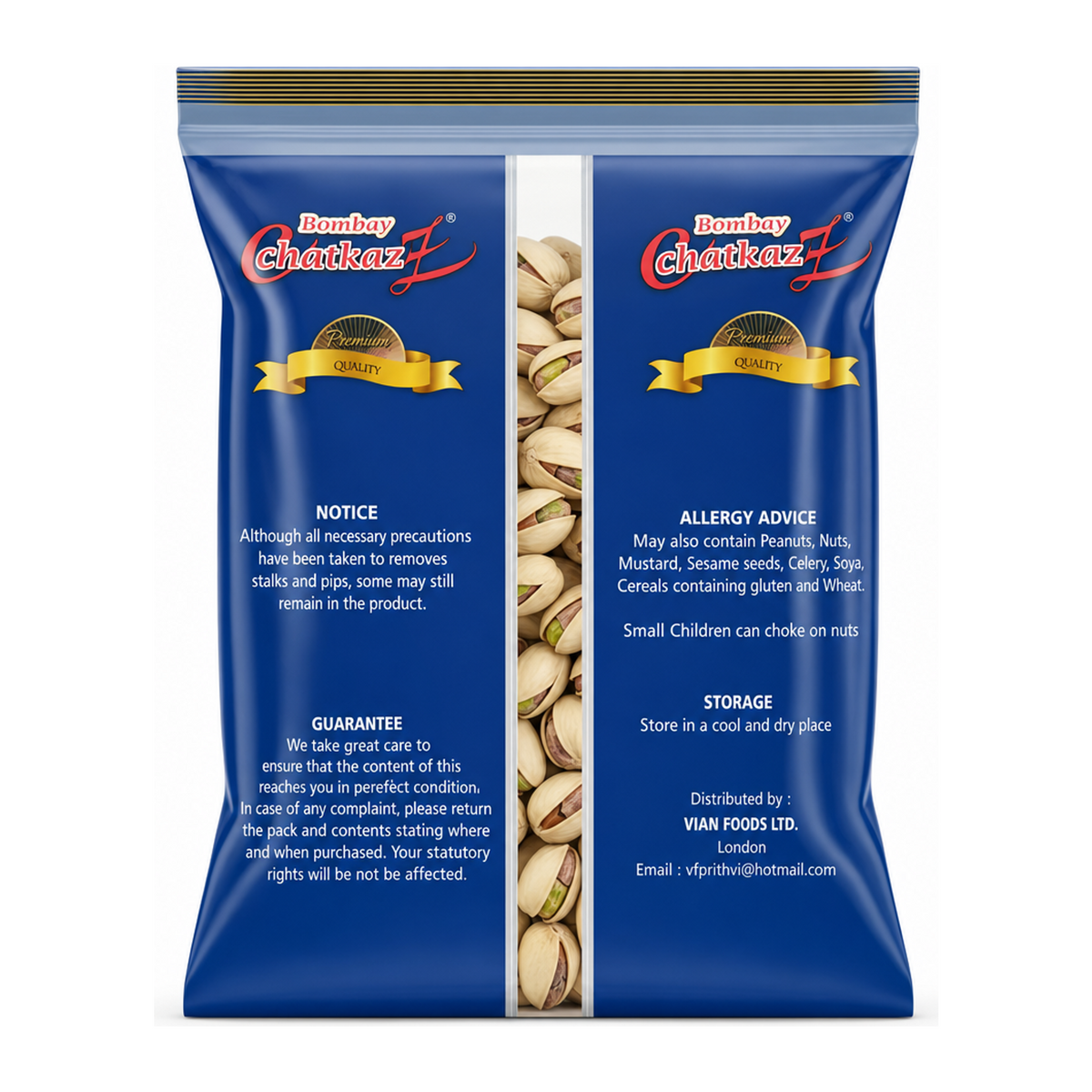 Bombay Chatkaz Pistachio 300g by Bombay Chatkaz Dry Fruits & Nuts — back view showing ingredients and product details, studio product photo on white background