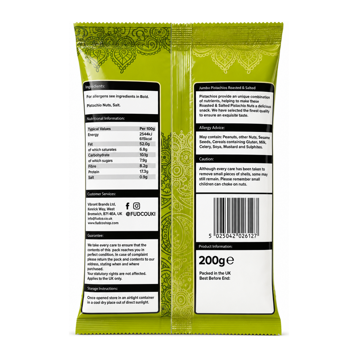 Fudco Jumbo Roasted And Salted Pistachio 200g by Fudco Dry Fruits & Nuts — back view showing ingredients and product details, studio product photo on white background