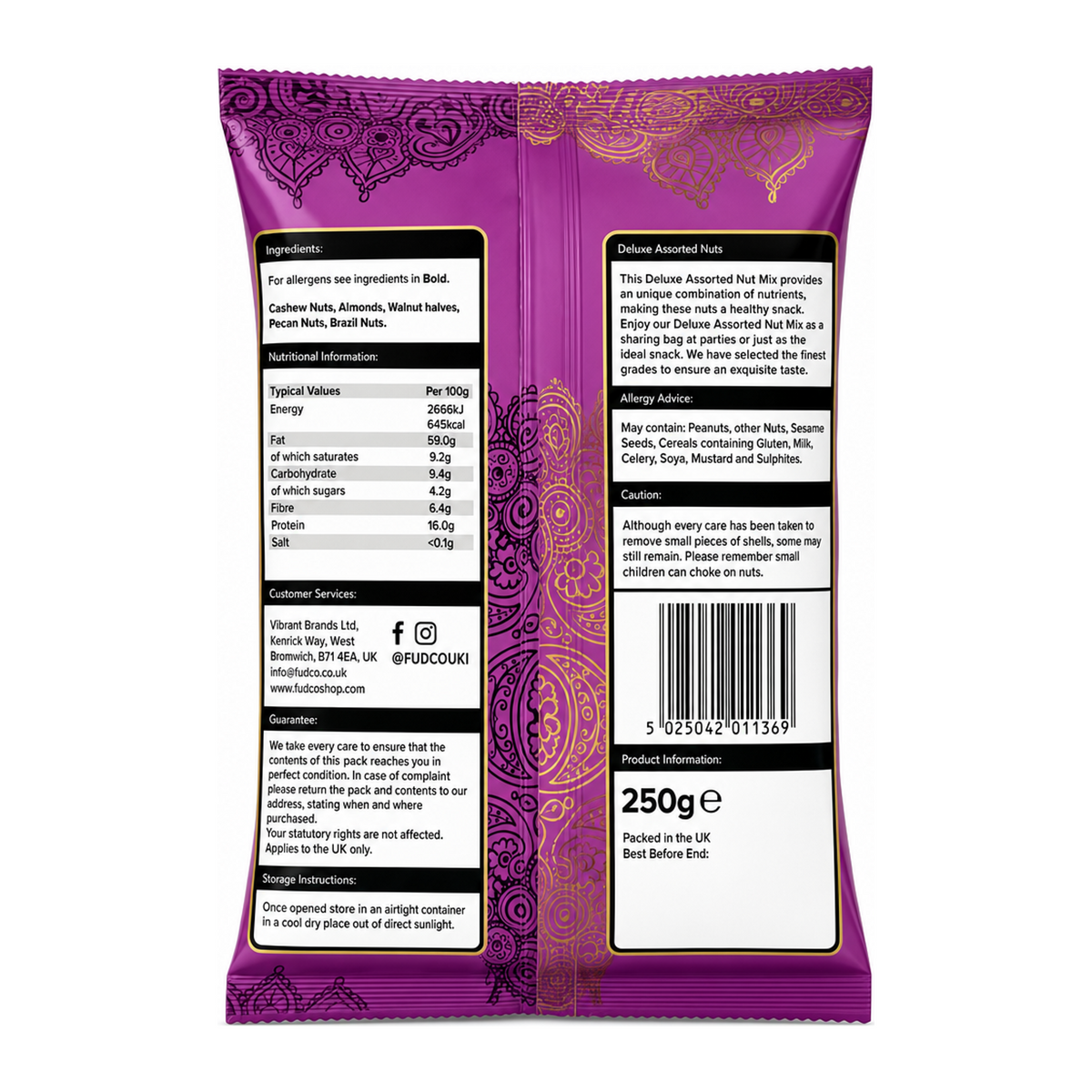 Fudco Assorted Mix Nuts 250g by Fudco Dry Fruits & Nuts — back view showing ingredients and product details, studio product photo on white background