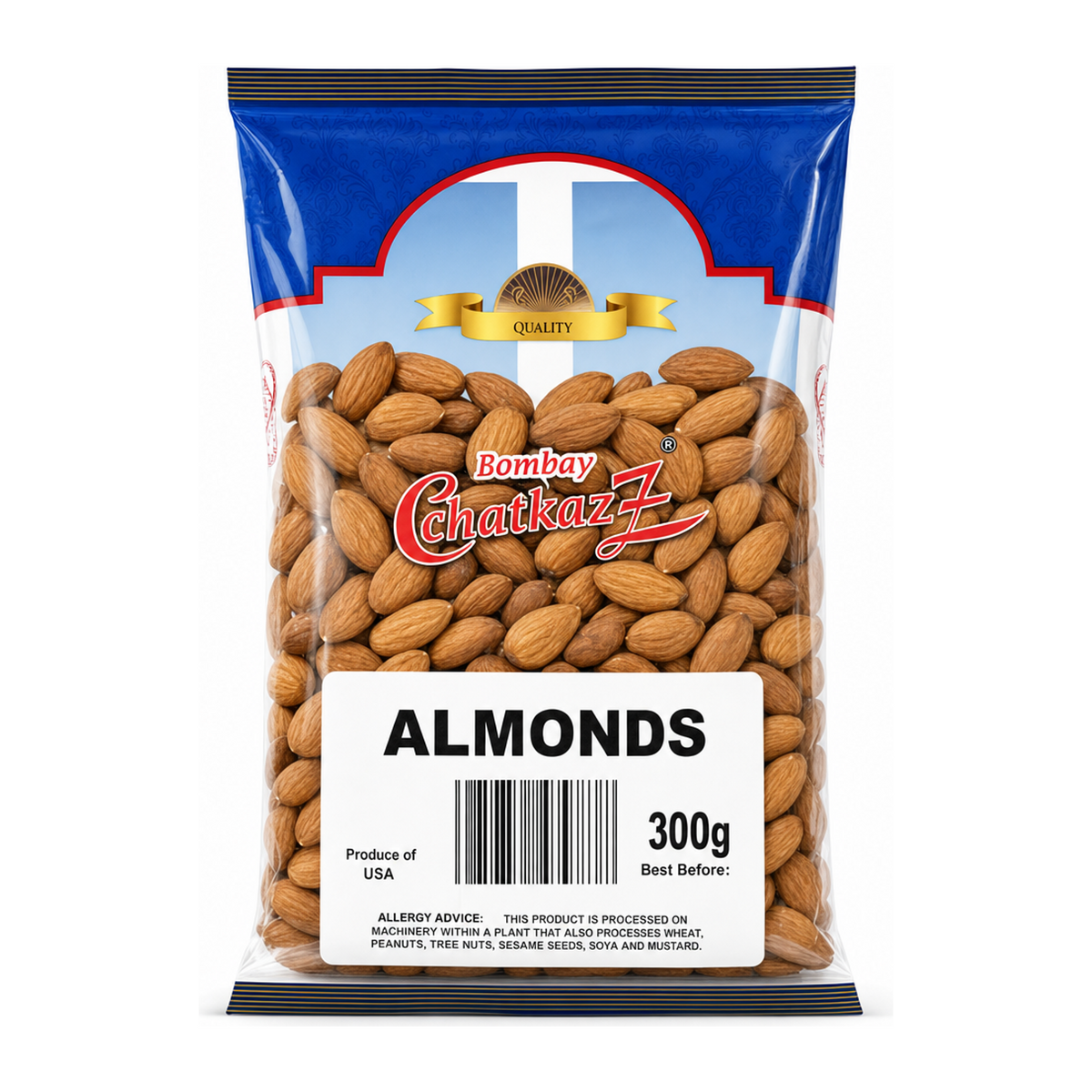 Bombay Chatkaz Almonds 300g by Bombay Chatkaz Dry Fruits & Nuts — front view showing product label and branding, studio product photo on white background