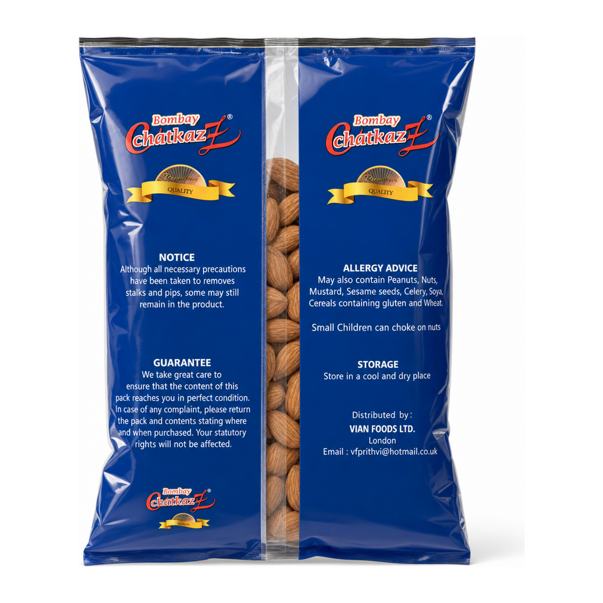 Bombay Chatkaz Almonds 300g by Bombay Chatkaz Dry Fruits & Nuts — back view showing ingredients and product details, studio product photo on white background