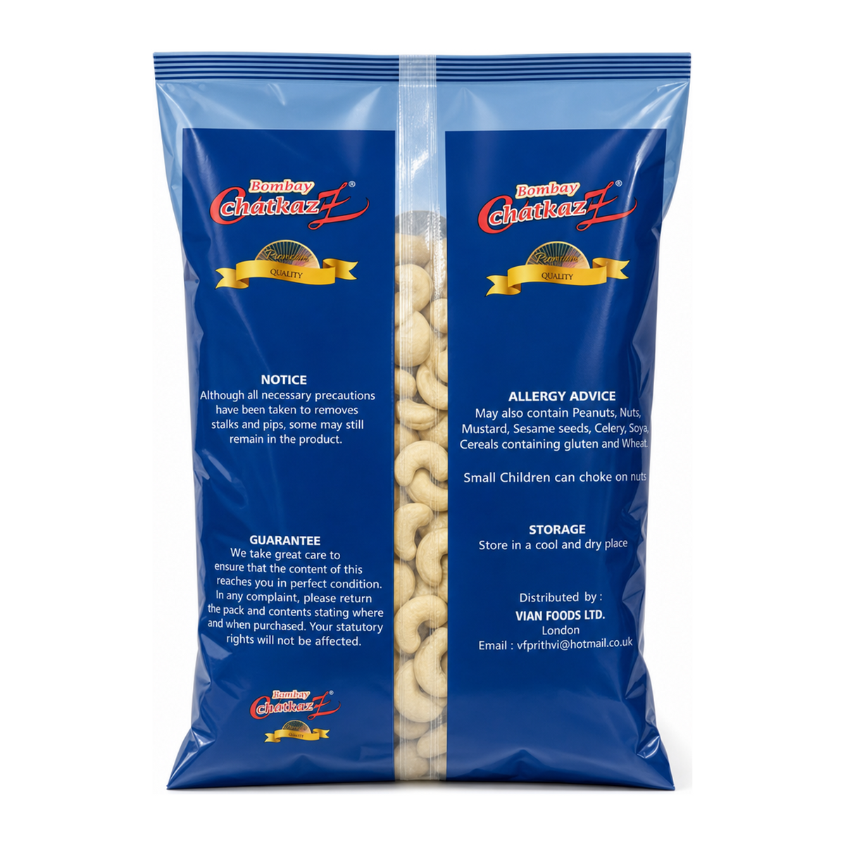 Variety Cashew Nuts 300g by Variety Dry Fruits & Nuts — back view showing ingredients and product details, studio product photo on white background