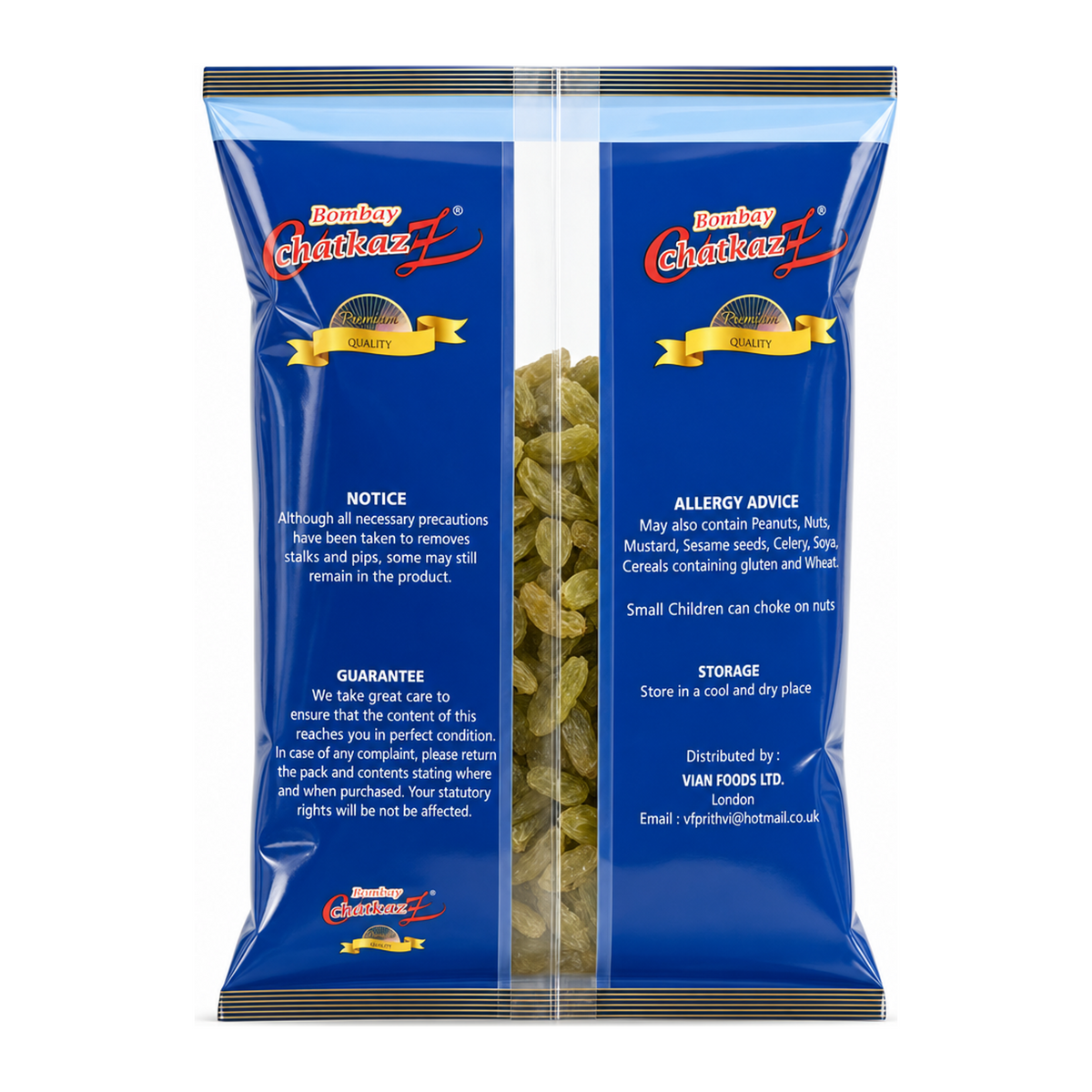 Bombay Chatkaz Green Sultana 300g by Bombay Chatkaz Dry Fruits & Nuts — back view showing ingredients and product details, studio product photo on white background