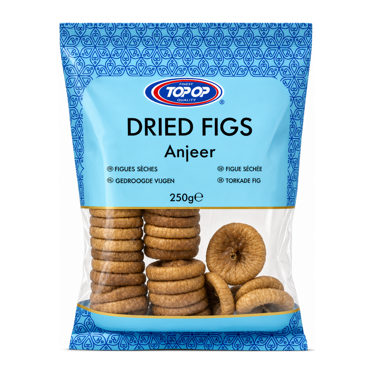 Dried Figs Anjeer by Top-Op — front view showing product label and branding, studio product photo on white background