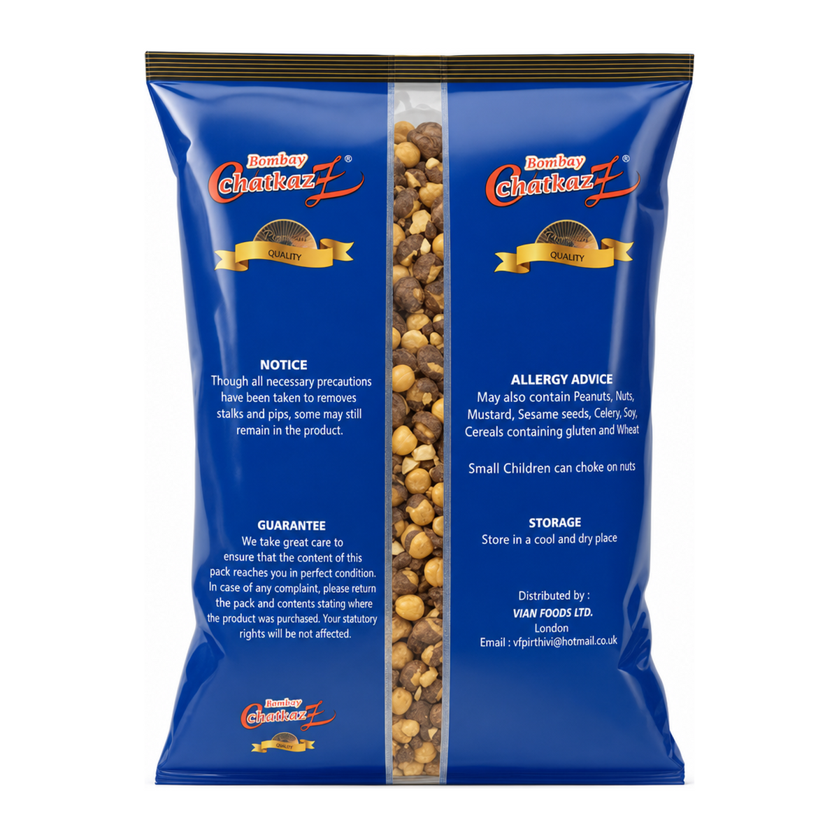 Bombay Chatkaz Mabaleswar Black Daria 300g by Bombay Chatkaz Indian Snacks — back view showing ingredients and product details, studio product photo on white background
