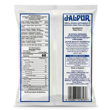 Jalpur Adadia Flour by Jalpur Flours — back view showing ingredients and product details, studio product photo on white background