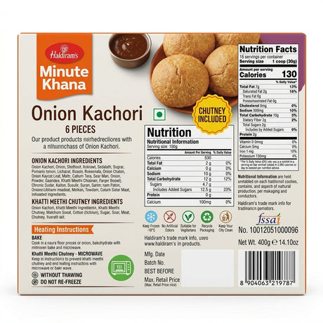 Haldirams Frozen Onion Kachori by Haldirams Frozen — back view showing ingredients and product details, studio product photo on white background