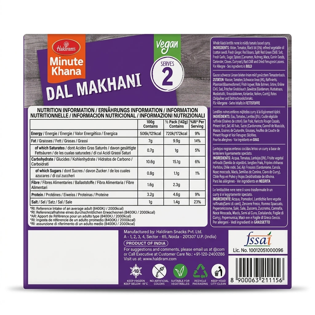 Haldirams Frozen Dal Makhani by Haldirams Frozen — back view showing ingredients and product details, studio product photo on white background