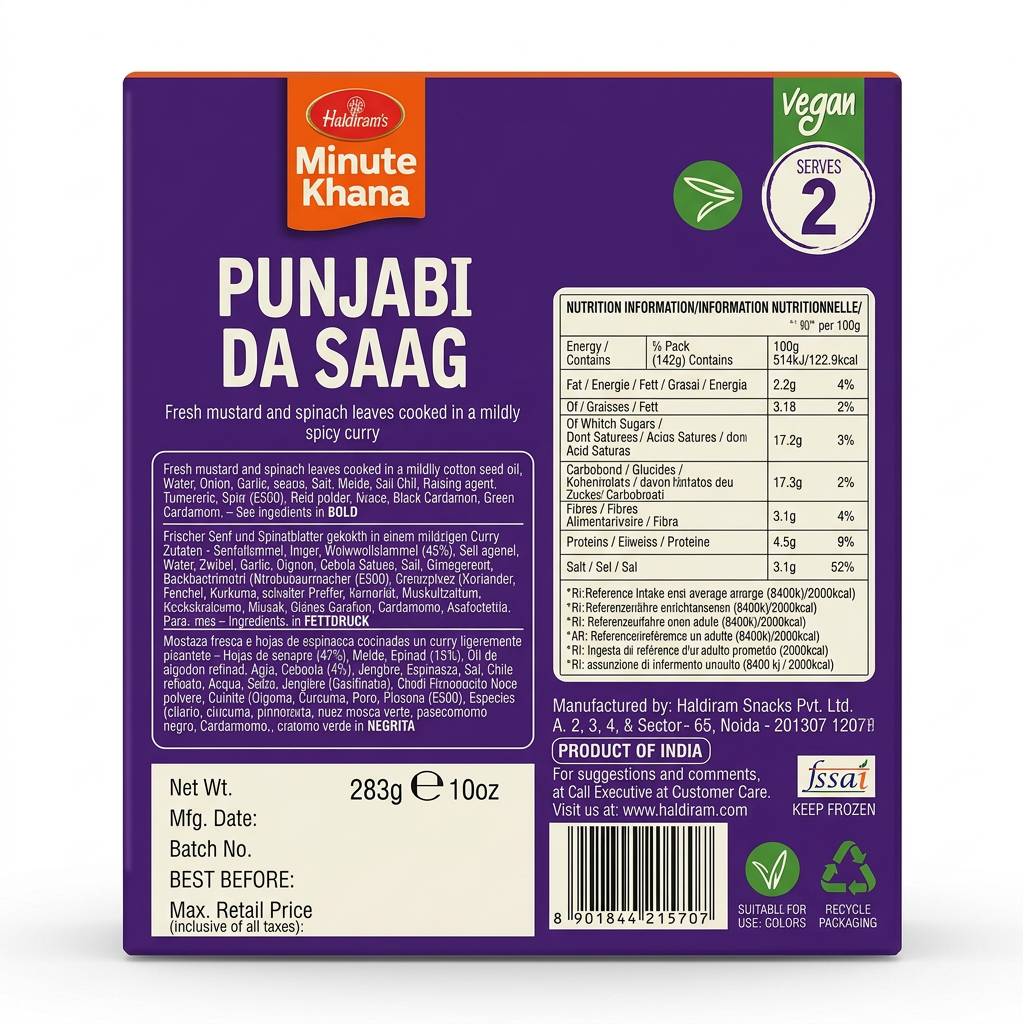 Haldirams Frozen Punjabi Sarson Da Saag by Haldirams Frozen — back view showing ingredients and product details, studio product photo on white background
