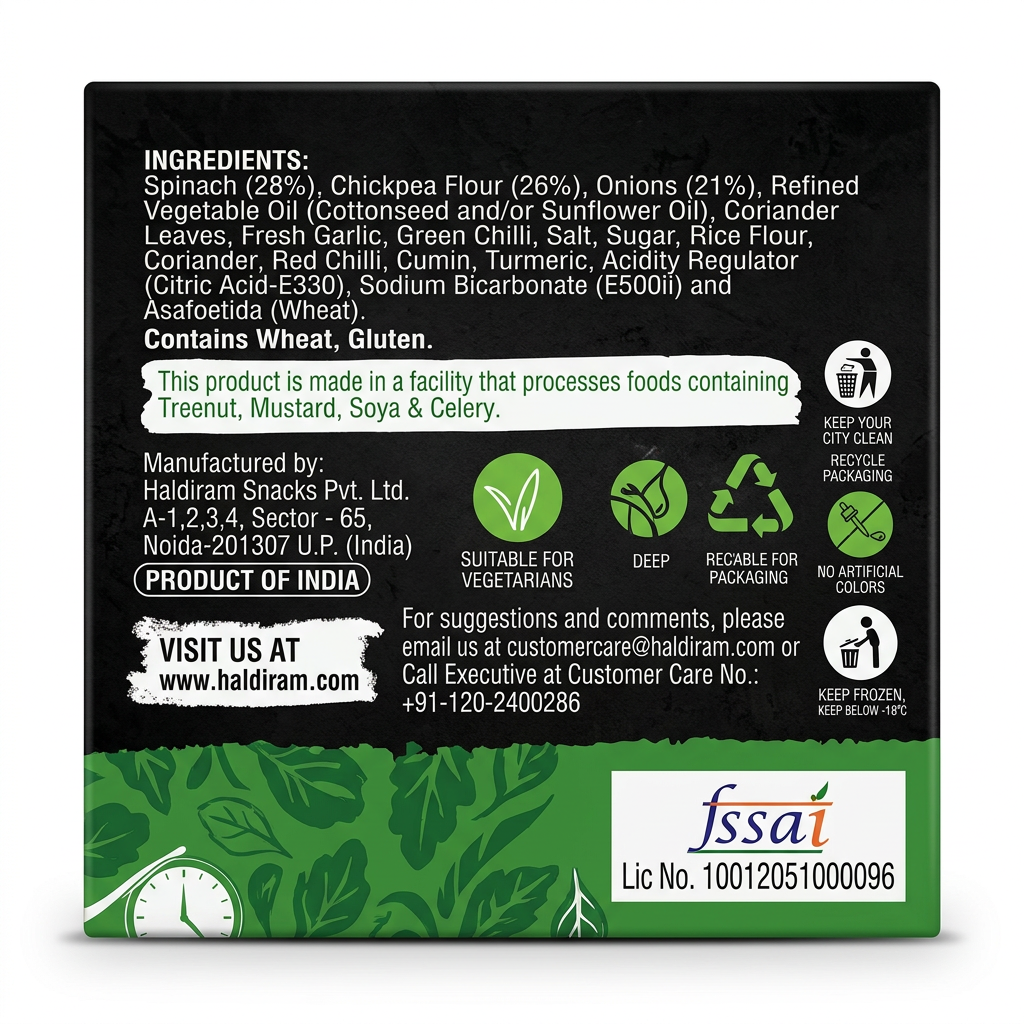 Haldirams Frozen Spinach Pakora by Haldirams Frozen — back view showing ingredients and product details, studio product photo on white background