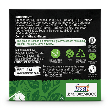 Haldirams Frozen Spinach Pakora by Haldirams Frozen — back view showing ingredients and product details, studio product photo on white background