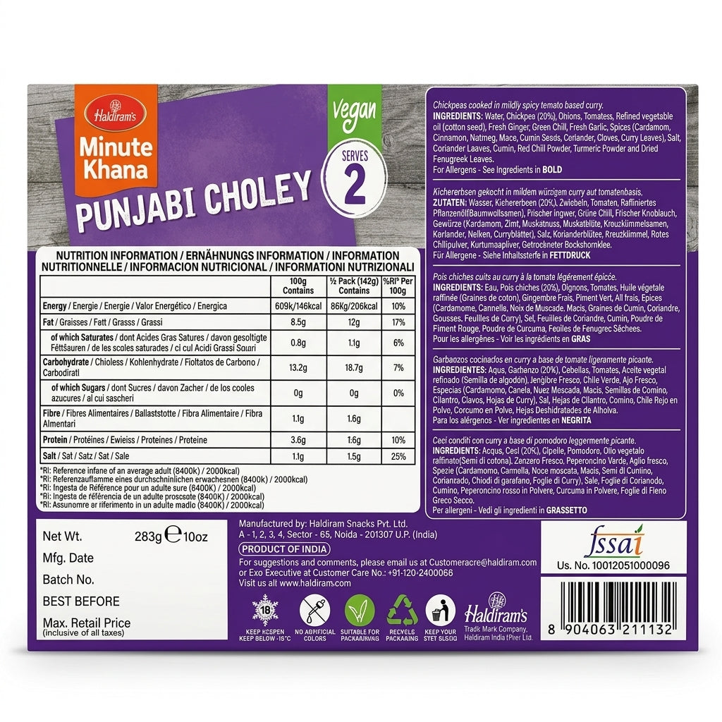 Haldirams Frozen Punjabi Choley by Haldirams Frozen — back view showing ingredients and product details, studio product photo on white background
