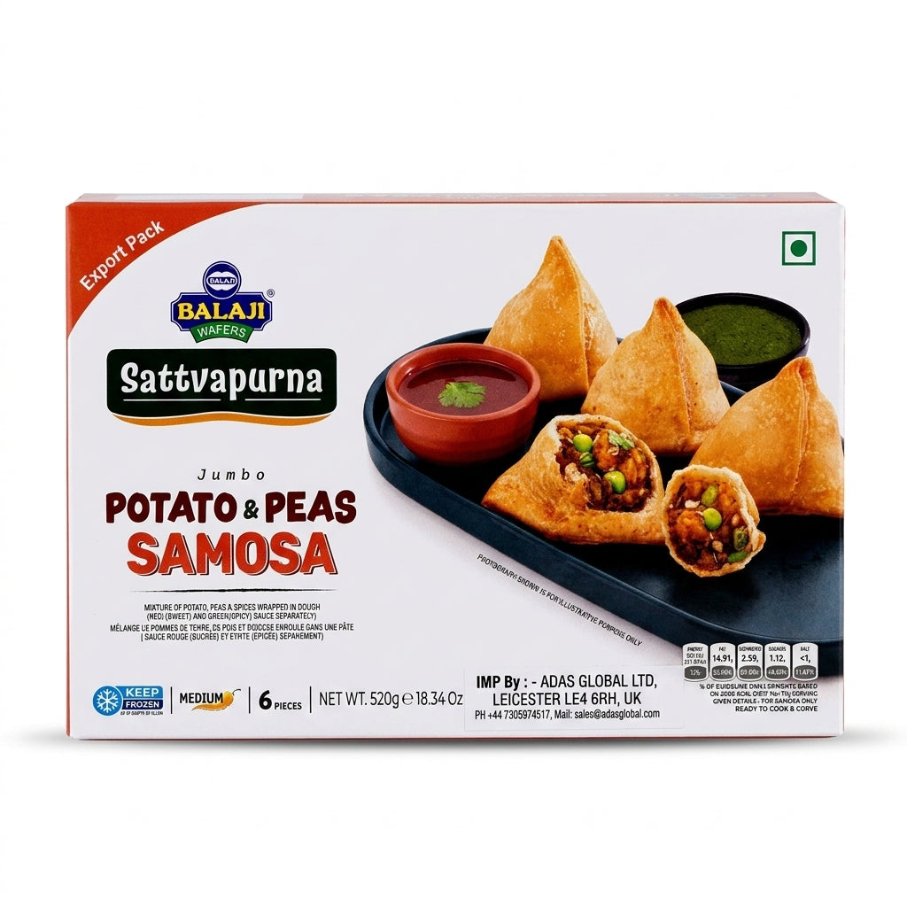 Balaji Frozen Potato & Pea Samosa by Balaji Frozen — front view showing product label and branding, studio product photo on white background