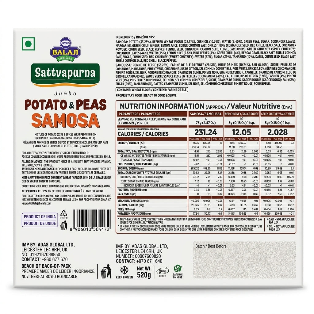 Balaji Frozen Potato & Pea Samosa by Balaji Frozen — back view showing ingredients and product details, studio product photo on white background