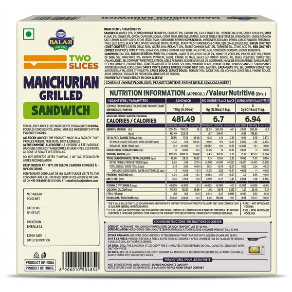 Balaji Frozen Manchurian Grilled Sandwich by Balaji Frozen — back view showing ingredients and product details, studio product photo on white background