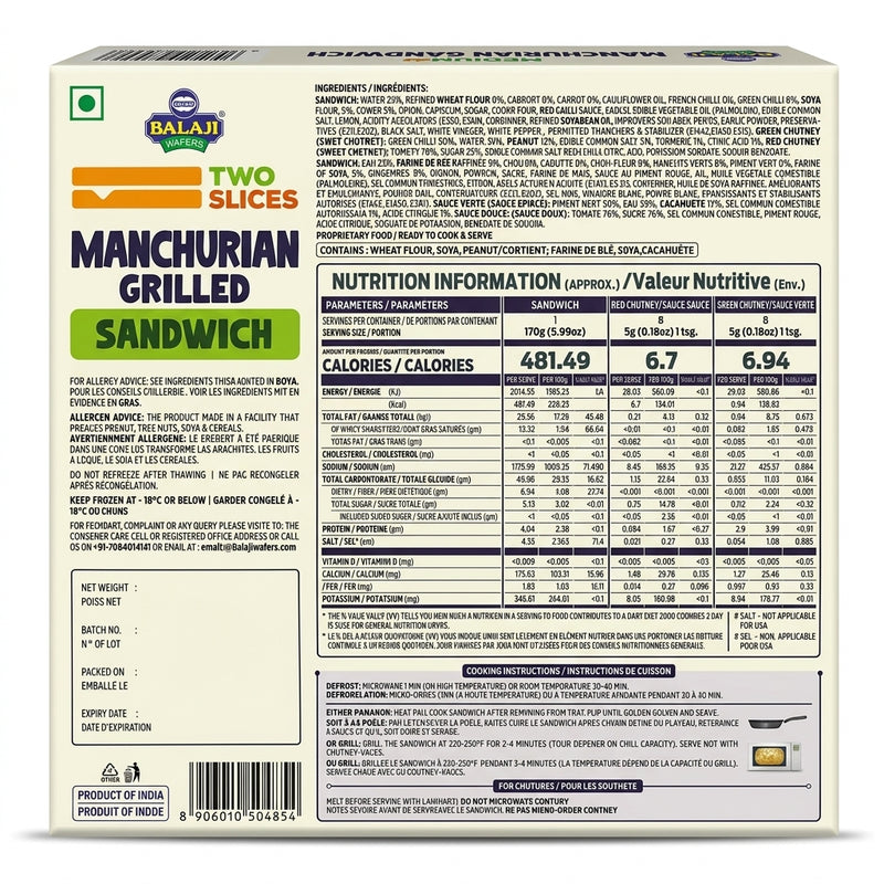Balaji Frozen Manchurian Grilled Sandwich by Balaji Frozen — back view showing ingredients and product details, studio product photo on white background