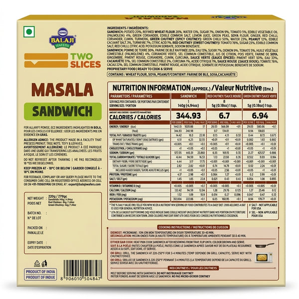 Balaji Frozen Masala Sandwich by Balaji Frozen — back view showing ingredients and product details, studio product photo on white background