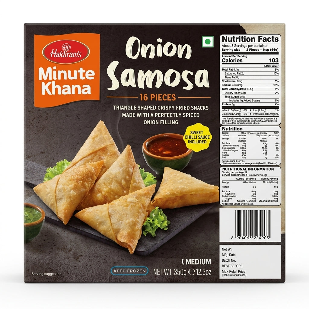 Haldirams Frozen Onion Samosas by Haldirams Frozen — front view showing product label and branding, studio product photo on white background