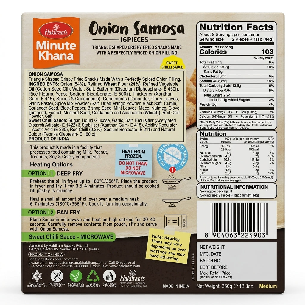Haldirams Frozen Onion Samosas by Haldirams Frozen — back view showing ingredients and product details, studio product photo on white background