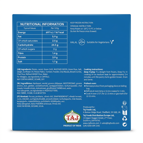 Taj Frozen Aloo Tikki by Taj Frozen — back view showing ingredients and product details, studio product photo on white background
