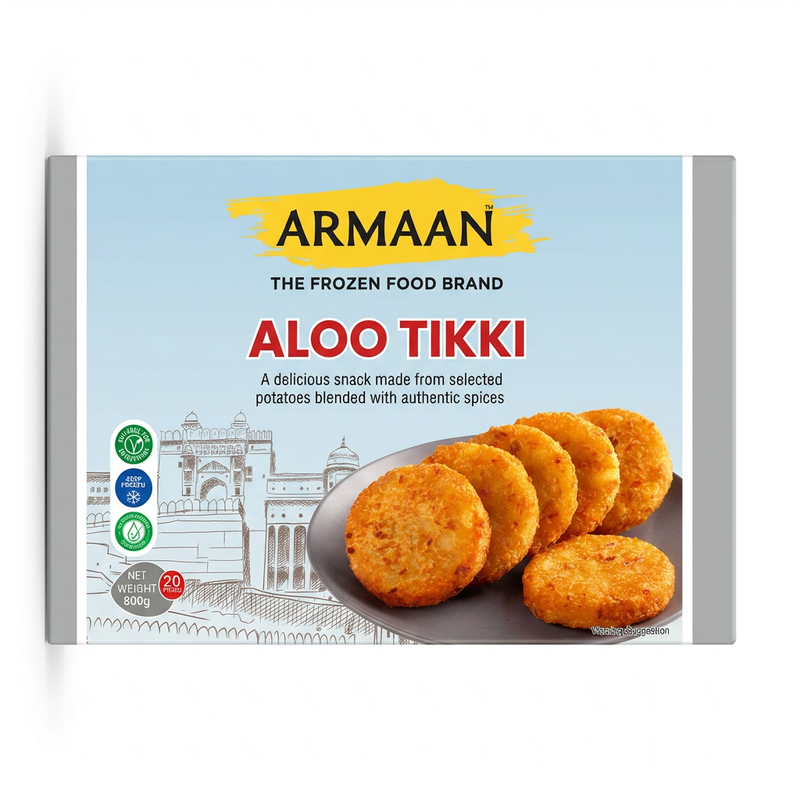 Armaan Frozen Aloo Tikki by Armaan Frozen — front view showing product label and branding, studio product photo on white background