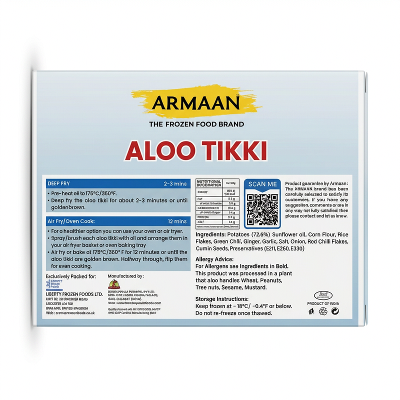 Armaan Frozen Aloo Tikki by Armaan Frozen — back view showing ingredients and product details, studio product photo on white background