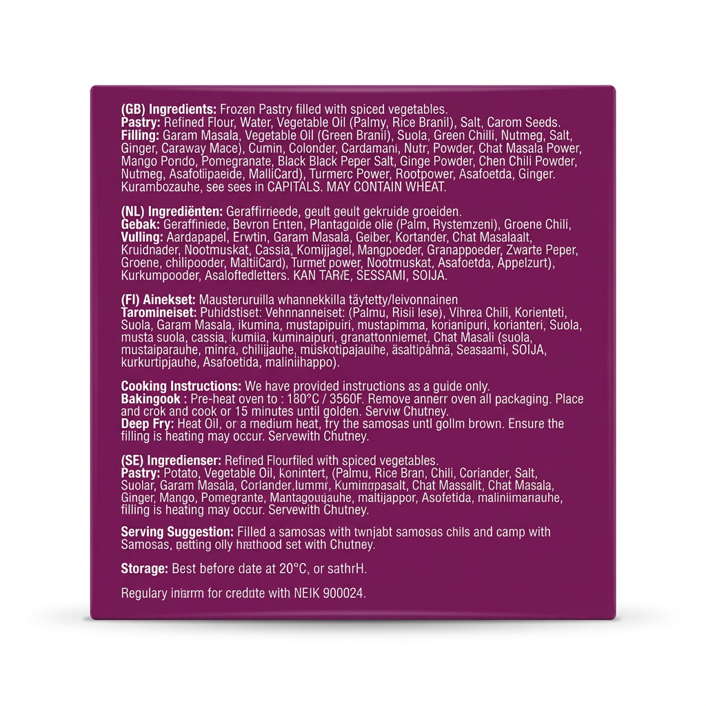 Taj Frozen Jumbo Punjabi Samosa by Taj Frozen — back view showing ingredients and product details, studio product photo on white background