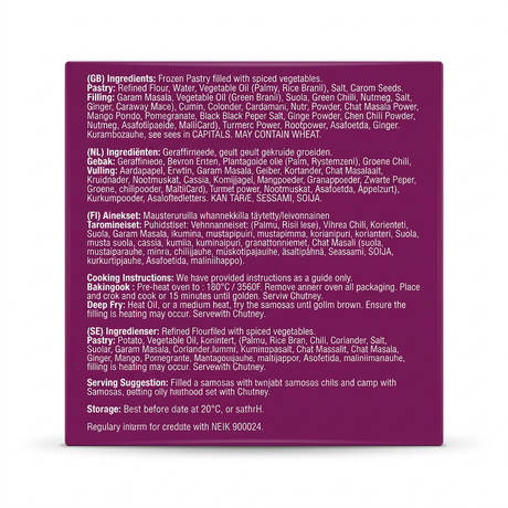 Taj Frozen Jumbo Punjabi Samosa by Taj Frozen — back view showing ingredients and product details, studio product photo on white background