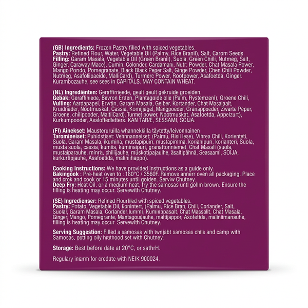 Taj Frozen Jumbo Punjabi Samosa by Taj Frozen — back view showing ingredients and product details, studio product photo on white background