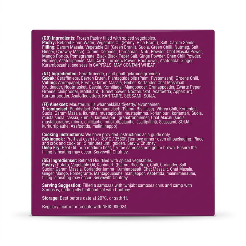 Taj Frozen Jumbo Punjabi Samosa by Taj Frozen — back view showing ingredients and product details, studio product photo on white background