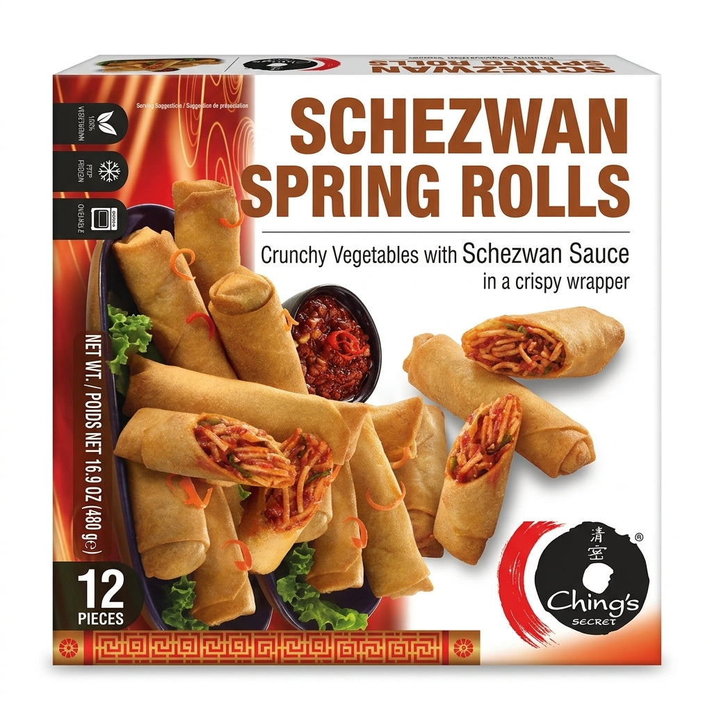 Chings Frozen Schezwan Spring Rolls by Chings Frozen — front view showing product label and branding, studio product photo on white background