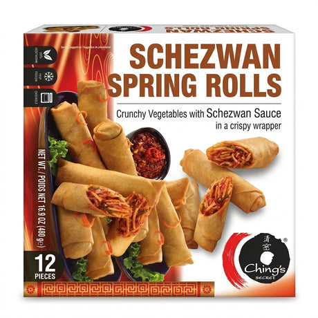 Chings Frozen Schezwan Spring Rolls by Chings Frozen — front view showing product label and branding, studio product photo on white background