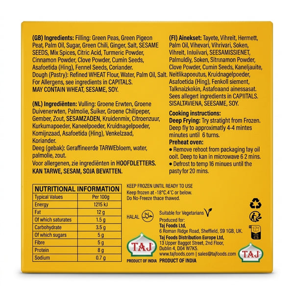 Taj Frozen Lilva Kachori by Taj Frozen — back view showing ingredients and product details, studio product photo on white background