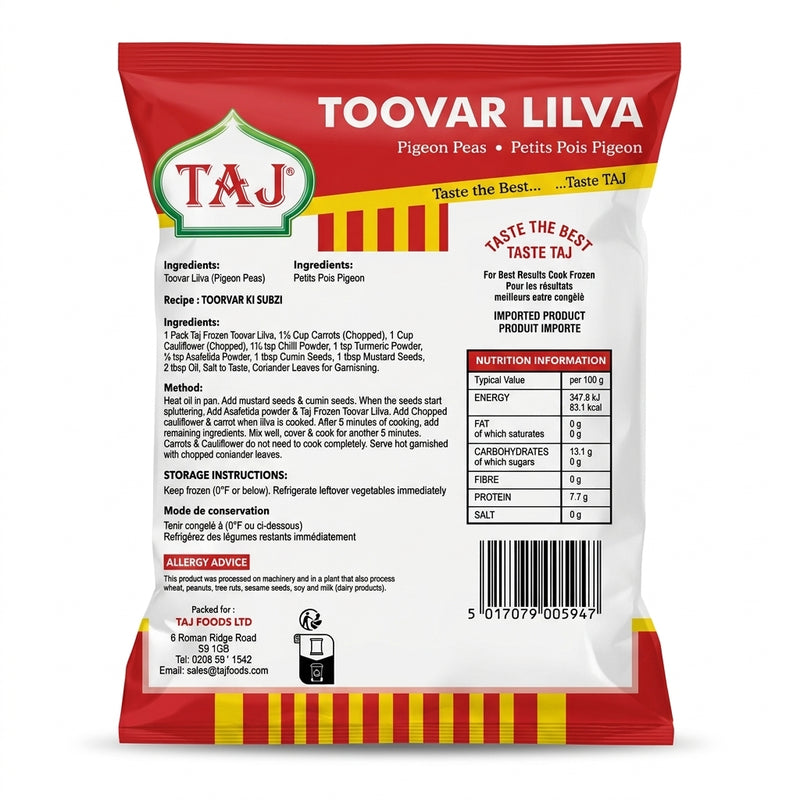 Taj Frozen Toor Lilva by Taj Frozen — back view showing ingredients and product details, studio product photo on white background