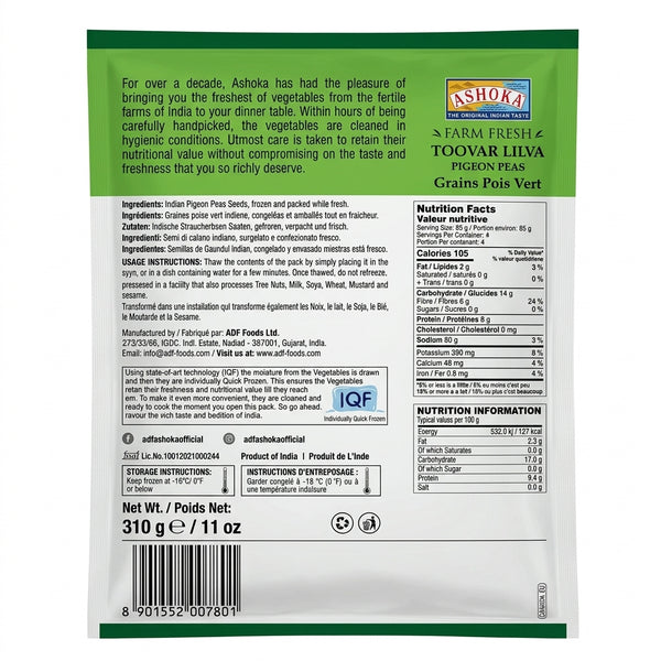 Ashoka Frozen Toor Lilva by Ashoka Frozen — back view showing ingredients and product details, studio product photo on white background