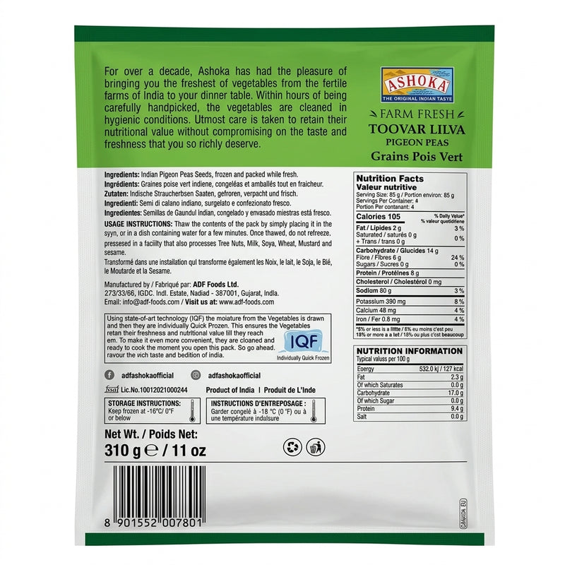 Ashoka Frozen Toor Lilva by Ashoka Frozen — back view showing ingredients and product details, studio product photo on white background