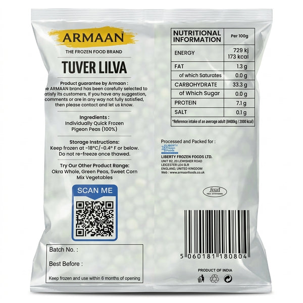 Armaan Frozen Toor Lilva by Armaan Frozen — back view showing ingredients and product details, studio product photo on white background
